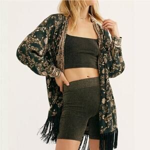 Free People Kimono Womens Medium Green Black Kaelin Floral Embossed Fringe Boho